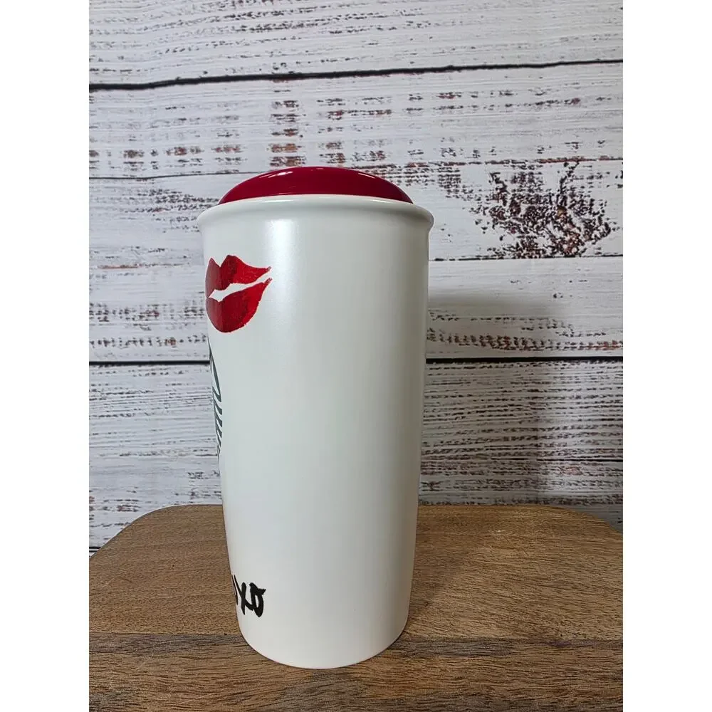 Starbucks 2015 Red Lips XOXO Logo Ceramic Coffee Mug 12 oz Tumbler with Lid